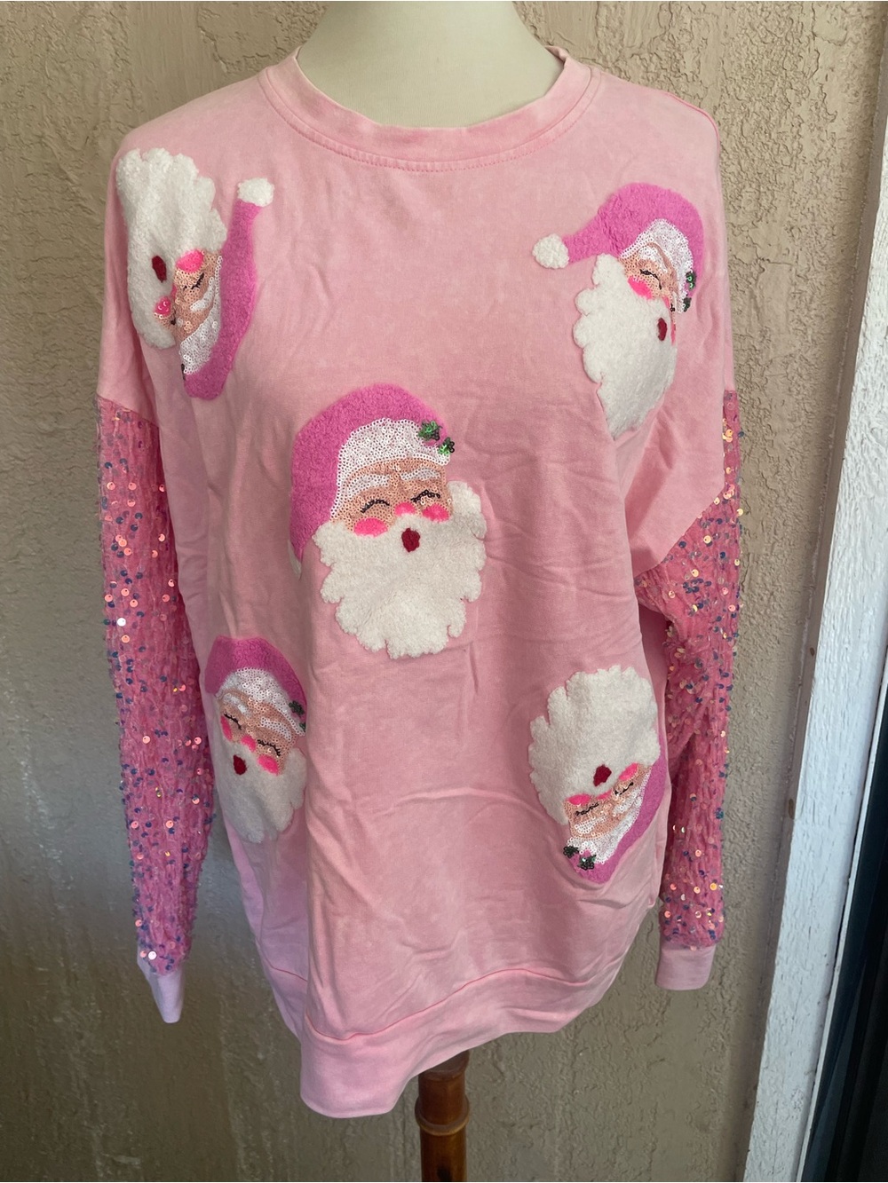 Bibi Pink Santa Face Sequin Sleeve Women's Sweater